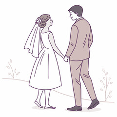 A loving bride and groom walking hand in hand on their wedding day