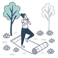 Serene woman practicing yoga tree pose surrounded by nature