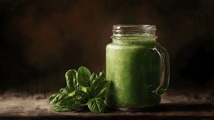 A healthy green spinach smoothie in a jar served with fresh spinach leaves on a rustic wooden table