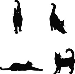Black cat silhouette illustration, feline animal artwork, stretching cat design, lying cat drawing, standing cat pose, pet symbol, minimalist graphic