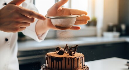 Chef sprinkles cocoa powder over a decadent chocolate cake in a bright kitchen, adding a final touch of elegance and flavor to the dessert.