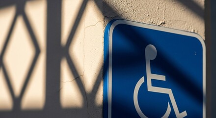 Handicap sign affixed to a textured wall with sunlight casting shadows, creating a visual representation of accessibility and inclusion.