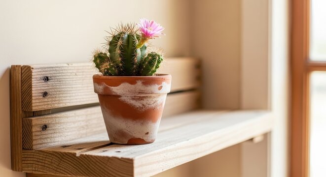Cactus with pink flower in clay pot on wooden shelf