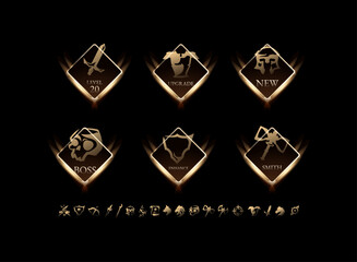 Golden fantasy RPG game icon set, glowing diamond frame UI elements for level, boss, enhance, upgrade, and smith interface.