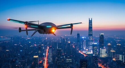 Drone flying over illuminated cityscape at dusk showcasing urban technology and modern innovation with a futuristic feel.