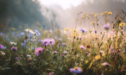 Serene Meadow Filled with Colorful Wildflowers in Morning Light