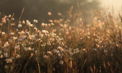 Serene Meadow with Delicate Flowers in Soft Morning Light