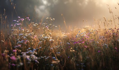Tranquil Meadow of Colorful Wildflowers in Soft Morning Light