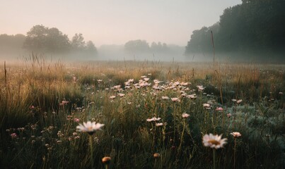 Serene Morning Fog Over Wildflower Meadow in Soft Sunrise Light
