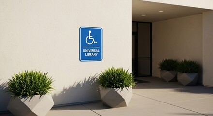 Handicap sign indicates universal library access near entrance with potted plants on a sunny day promoting accessibility and inclusion.