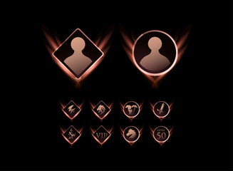 Fantasy glowing profile badge icon set, elegant red light diamond and circle frame with class and VIP symbols for RPG UI design.