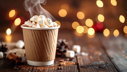 Fototapeta premium Paper cup of hot chocolate with marshmallows on dark wooden table. Delicious beverage. Tasty drink