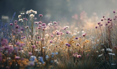 Serene Meadow Scene with Colorful Flowers Under Soft Morning Light