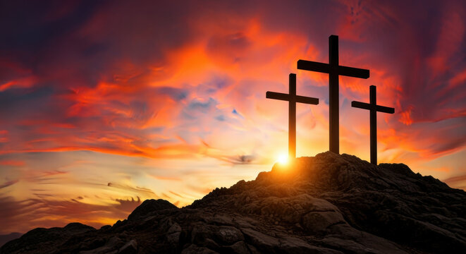 Three wooden crosses on a rocky hill with dramatic sunset sky, symbolizing faith, hope, and spirituality in a peaceful landscape