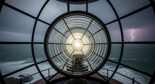 Dramatic view from inside the lighthouse lamp room during a heavy storm, showing the bright light shining out over a stormy sea with lightning in the distance.