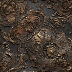 Seamless vintage old bronze texture with ornate embossed metal details. Antique steampunk pattern for wallpaper, fabric, wrapping paper, or surface design