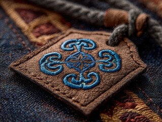 Artisanal Suede Patch with Intricate Embroidery Design Detailed Macro Shot Ornamental Symbol on Textured Indigo Dyed Fabric Meticulously Crafted Denim Aesthetic Textured Cord Detail Fine Sewing