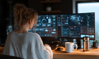 Young Woman Working at Dual Monitor Setup with Coffee in Cozy Room