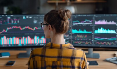 Young Businesswoman Analyzing Data on Multiple Computer Screens