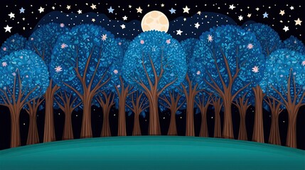 Enchanted Night Forest with Moonlight and Starry Sky Background