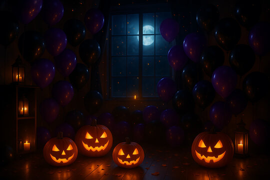 Mysterious dark halloween room decorated with many floating black and purple balloons, illuminated jack-o'-lanterns, and small candles creating a scary