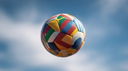 Fototapeta premium Soccer ball with various national flags hovering against a blue sky with light clouds, symbolizing international soccer competition and global unity through sports