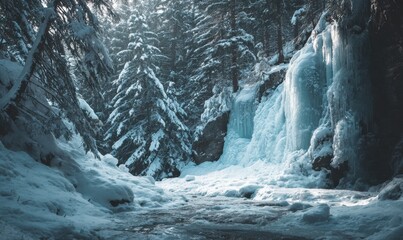 Serene Winter Landscape with Frozen Waterfall and Snow-Covered Trees