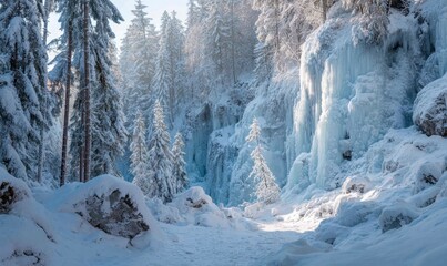 Winter Wonderland Landscape with Snowy Trees and Ice Formations
