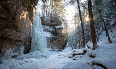 Serene Frozen Waterfall Surrounded by Trees in Winter Landscape