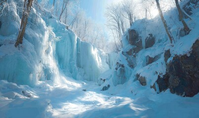 Serene Winter Wonderland with Ice Waterfalls and Snow-Covered Rocks