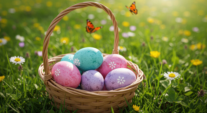 Colorful pastel easter eggs arranged in a wicker basket on a blooming meadow with butterflies and spring sunlight