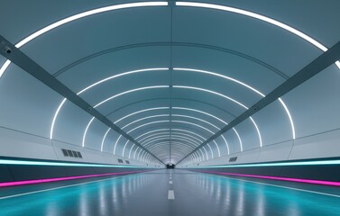 Fototapeta premium A futuristic tunnel with neon lights leading to the vanishing point. This photograph showcases a symmetrical perspective. 