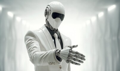 Futuristic Robot in Elegant Suit Offering Handshake in Modern Space