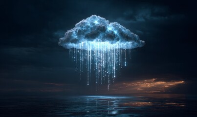 Ethereal Cloud with Illuminating Rainfall over Calm Water Surface