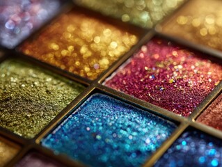 Colorful Glitter Eyeshadow Palette Closeup: Shimmering Makeup Set, Cosmetic Pigments, Bright Colors, Beauty Product Texture, Sparkle