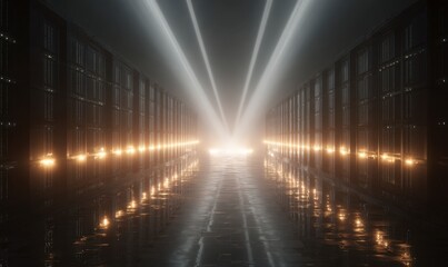 Futuristic Warehouse Interior with Dramatic Lighting and Reflections