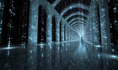 Futuristic hallway with glowing lights and digital rain effect