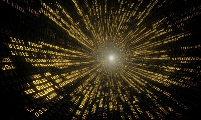 Vibrant Tunnel of Golden Binary Code Weaving Through Digital Space