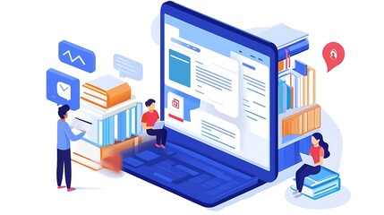 Online education concept with students using a laptop to access digital learning resources and virtual library for studying and research