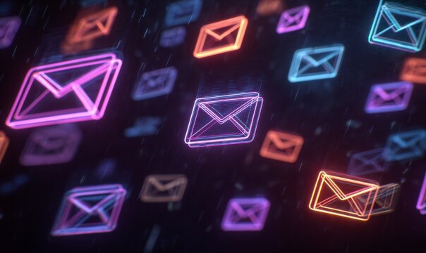 Colorful Neon Email Icons on Dark Background for Digital Communication - Powered by Adobe