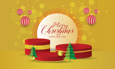 Abstract 3D Christmas background with realistic red round stand product podium. Merry Christmas stage showcase