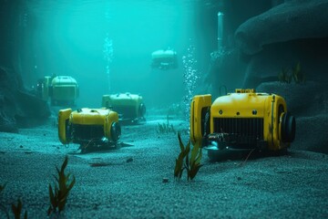 Underwater robots explore the ocean floor in a vibrant marine environment