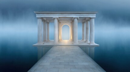 Ethereal Temple Structure Surrounded by Calm Water and Misty Atmosphere