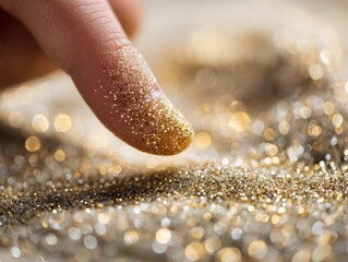 Golden Glitter Finger Detail Sparkling Finger Tip Close Up Gold Dust on Finger Glamorous Glitter Art Luxurious Gold Particle Detail Gold Leaf Texture