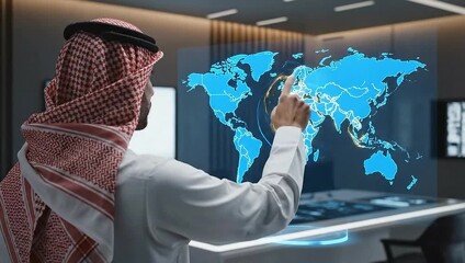 A person in traditional attire interacts with a futuristic world map on a transparent screen - Powered by Adobe