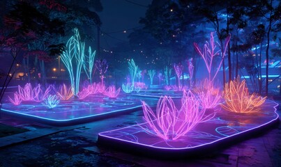 Neon Floral Display Illuminates Urban Landscape at Nighttime