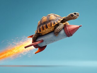 A tortoise achieving rapid success and progress by flying on a fast rocket against a blue background