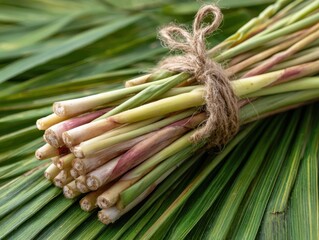 Fresh Lemongrass Bundle on Tropical Leaves Culinary Herb Staple Aromatic Ingredient Cooking Flavor Natural Medicine Healthy Living Fresh Herbs for Sale