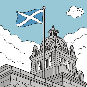 Saltire flag flies above an old stone building against a cloudy blue sky