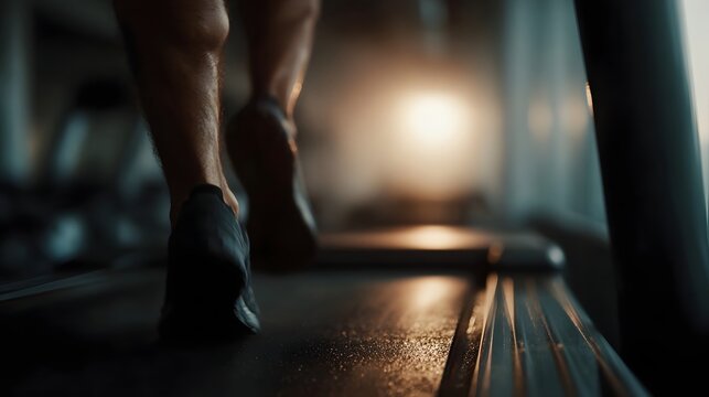 Close up of a person s legs and feet running on a treadmill in a gym with a warm blurred background light